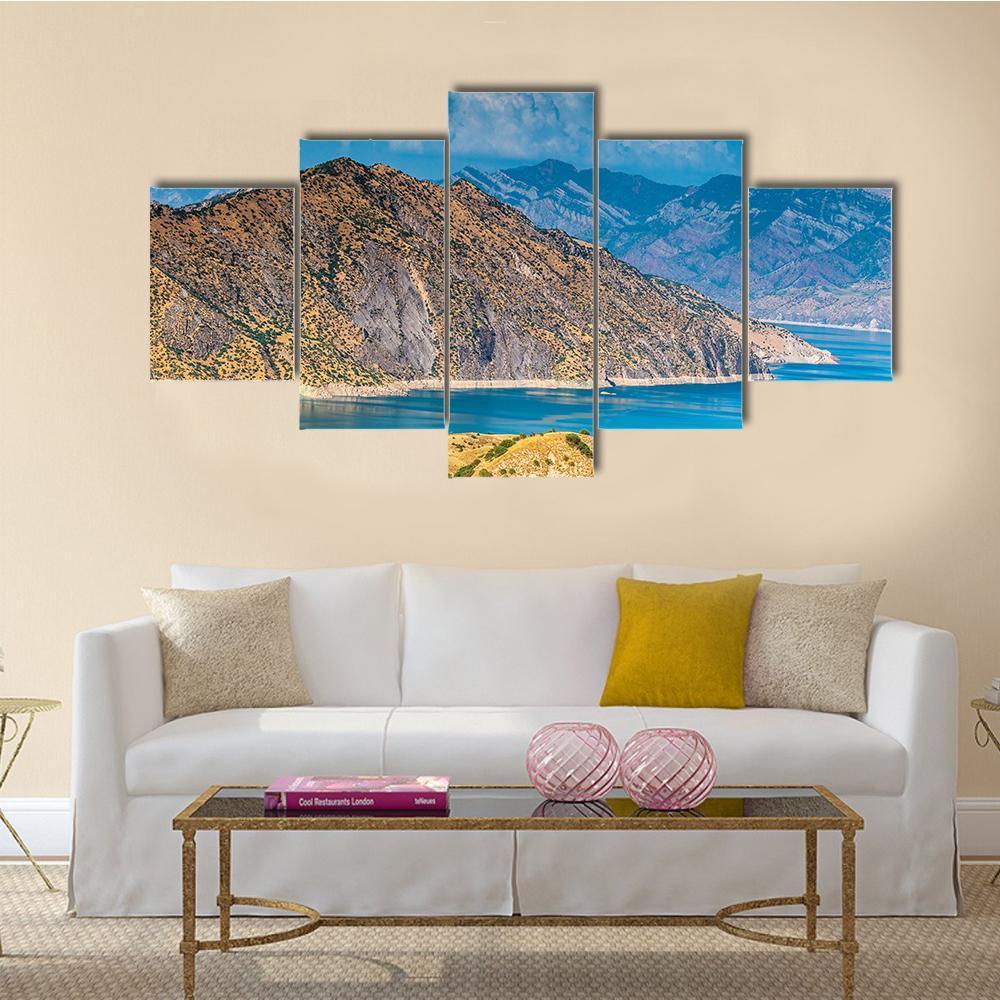 View Of Nurek Reservoir In Tajikistan Canvas Wall Art-5 Star-Gallery Wrap-62" x 32"-Tiaracle