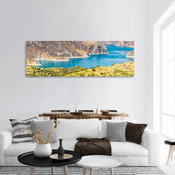 Nurek Reservoir In Tajikistan Panoramic Canvas Wall Art-3 Piece-25" x 08"-Tiaracle