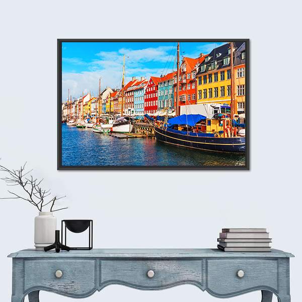 View Of Nyhavn Pier With Buildings And Ships Canvas Wall Art-1 Piece-Floating Frame-24" x 16"-Tiaracle