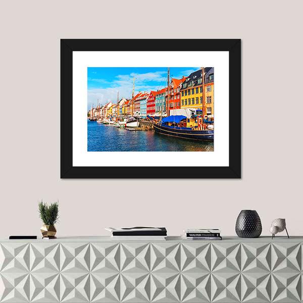 View Of Nyhavn Pier With Buildings And Ships Canvas Wall Art-1 Piece-Framed Print-20" x 16"-Tiaracle