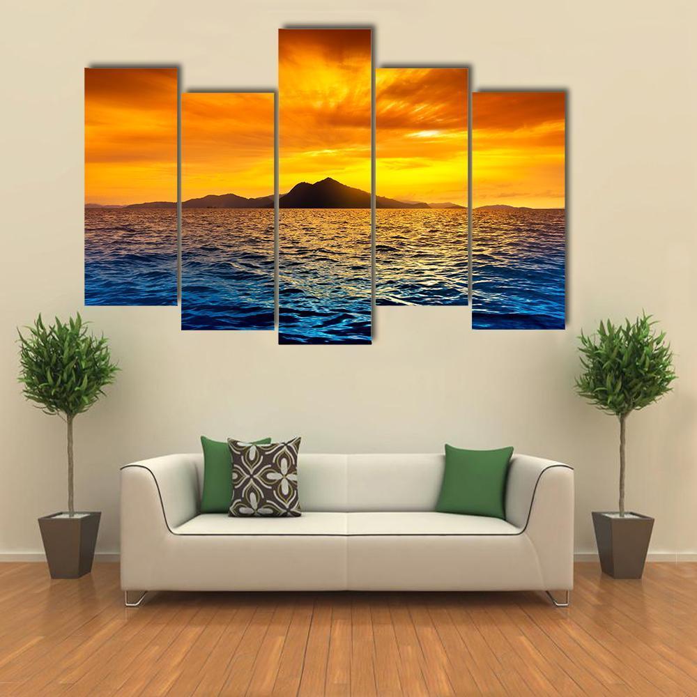 View Of Ocean Waves At Sunset Canvas Wall Art-5 Pop-Gallery Wrap-47" x 32"-Tiaracle