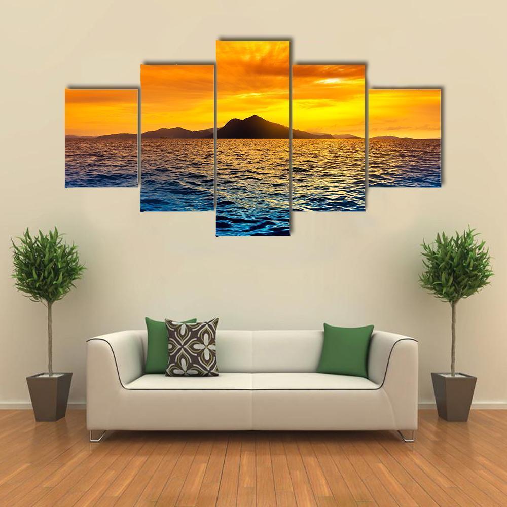 View Of Ocean Waves At Sunset Canvas Wall Art-5 Star-Gallery Wrap-62" x 32"-Tiaracle