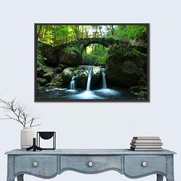 View Of Old Bridge And Waterfall Canvas Wall Art-1 Piece-Floating Frame-24" x 16"-Tiaracle