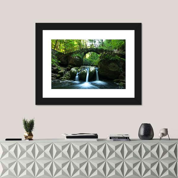 View Of Old Bridge And Waterfall Canvas Wall Art-1 Piece-Framed Print-20" x 16"-Tiaracle