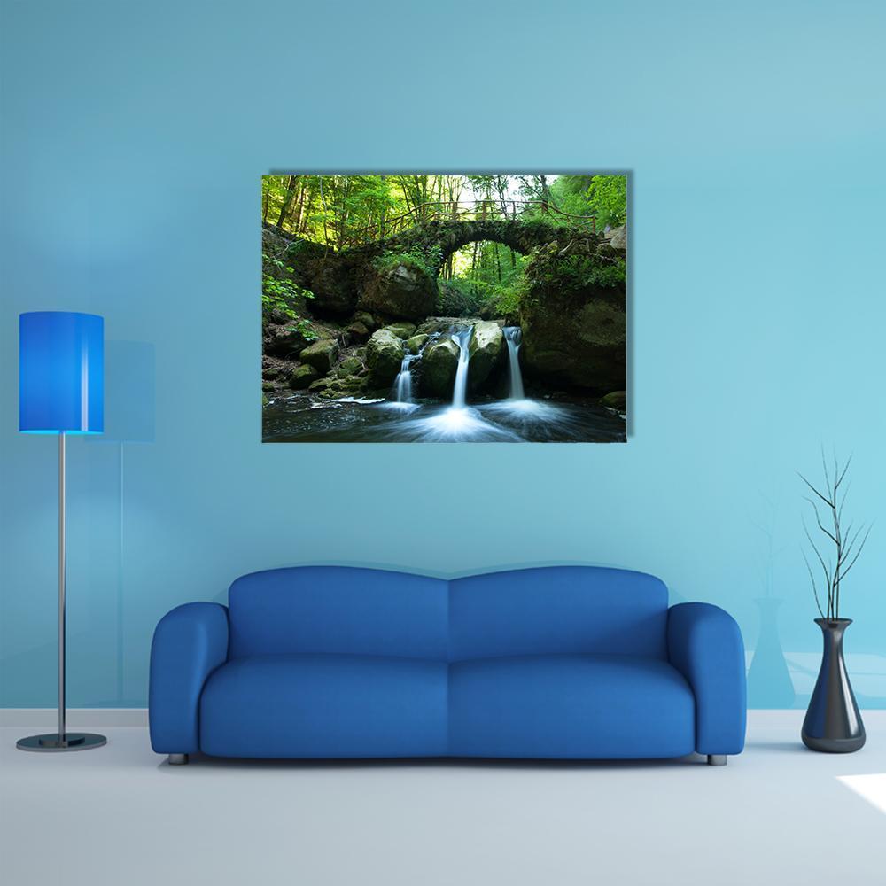 View Of Old Bridge And Waterfall Canvas Wall Art-1 Piece-Gallery Wrap-48" x 32"-Tiaracle