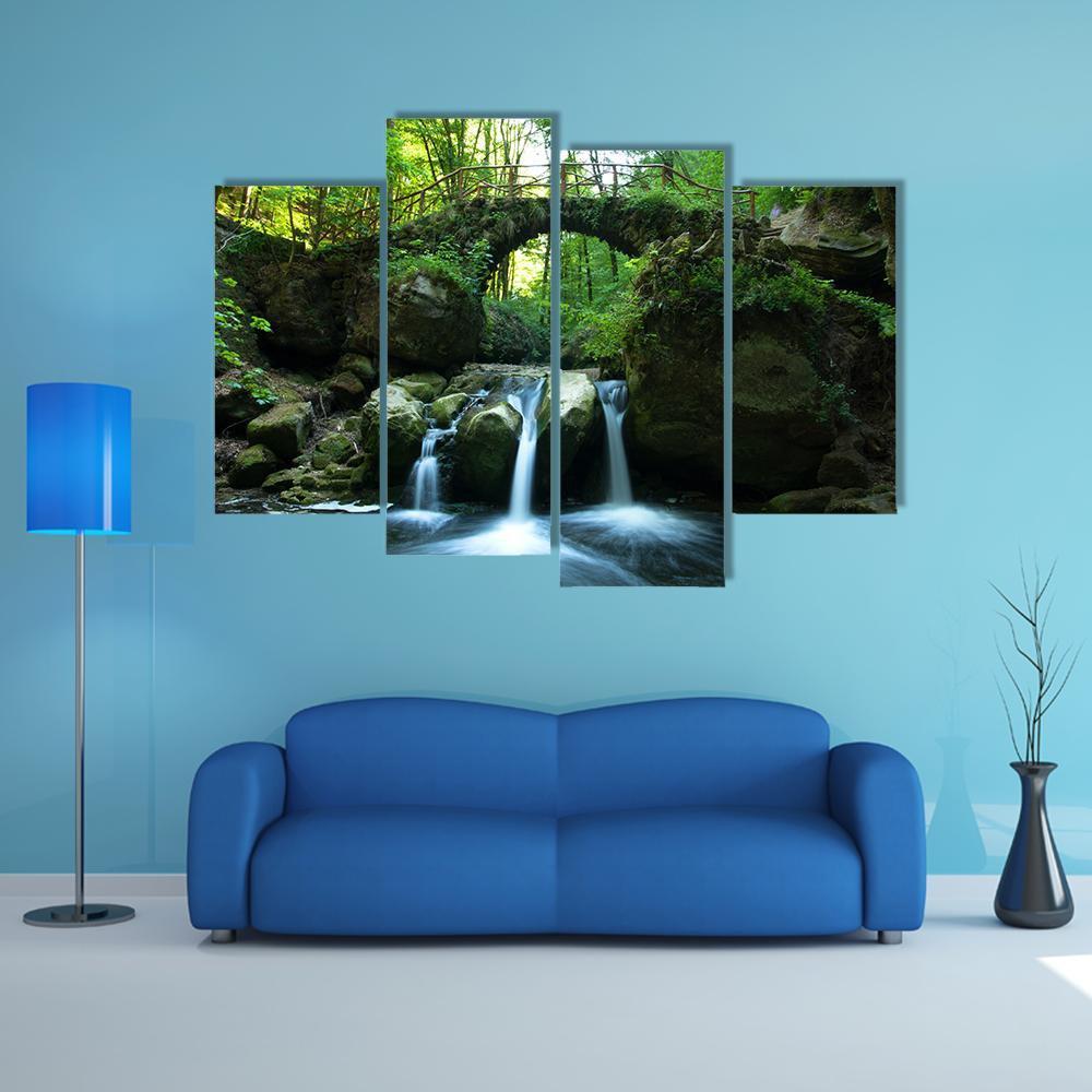 View Of Old Bridge And Waterfall Canvas Wall Art-4 Pop-Gallery Wrap-50" x 32"-Tiaracle