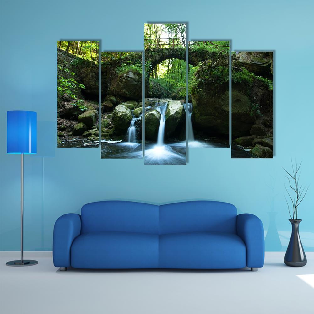 View Of Old Bridge And Waterfall Canvas Wall Art-5 Pop-Gallery Wrap-47" x 32"-Tiaracle