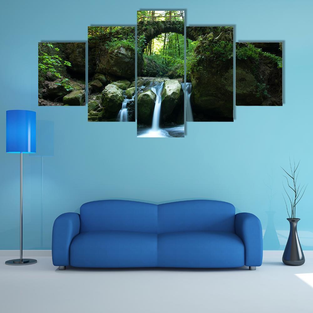 View Of Old Bridge And Waterfall Canvas Wall Art-5 Star-Gallery Wrap-62" x 32"-Tiaracle