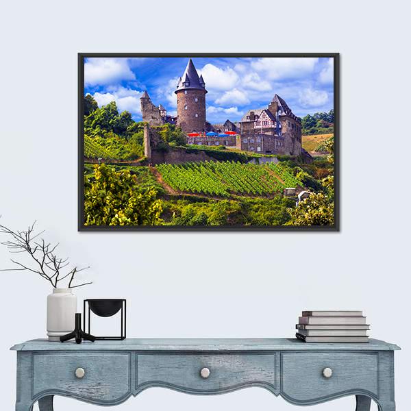 View Of Old Castle And Vineyards Canvas Wall Art-1 Piece-Floating Frame-24" x 16"-Tiaracle