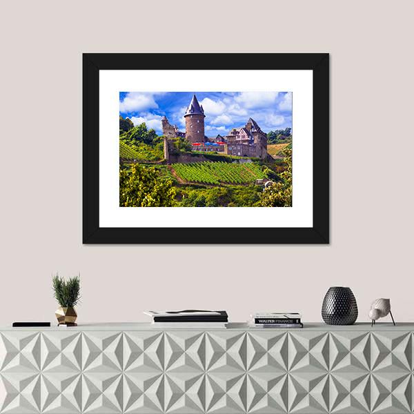 View Of Old Castle And Vineyards Canvas Wall Art-1 Piece-Framed Print-20" x 16"-Tiaracle