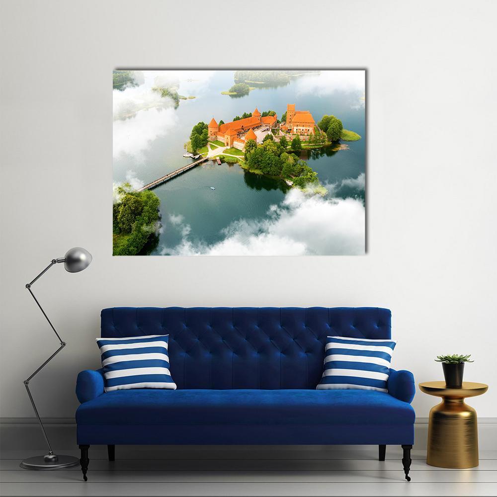 Trakai Island Castle Aerial View Canvas Wall Art in orange, green and blue, single panel hung on a wall