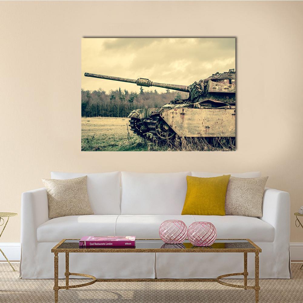 Rusted Tank in Overcast Field Canvas Wall Art in gray, beige and brown, single panel hung on a wall