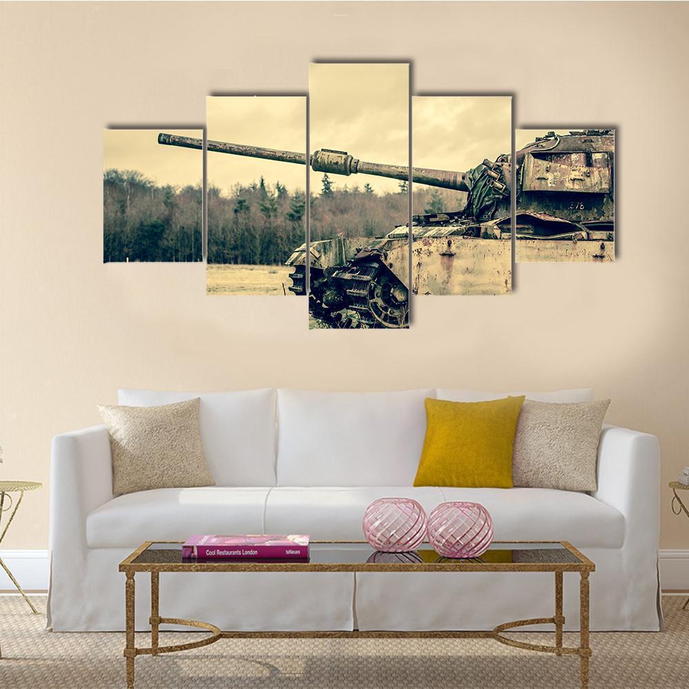 View Of Old Tank Canvas Wall Art-5 Star-Gallery Wrap-62" x 32"-Tiaracle