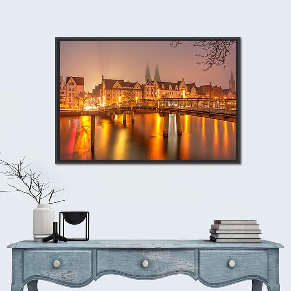 View Of Old Town Pier Architecture In Lubeck Canvas Wall Art-1 Piece-Floating Frame-24" x 16"-Tiaracle
