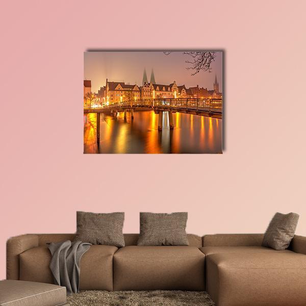 View Of Old Town Pier Architecture In Lubeck Canvas Wall Art-1 Piece-Gallery Wrap-48" x 32"-Tiaracle