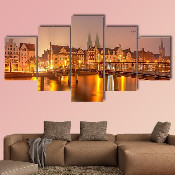 View Of Old Town Pier Architecture In Lubeck Canvas Wall Art-5 Star-Gallery Wrap-62" x 32"-Tiaracle