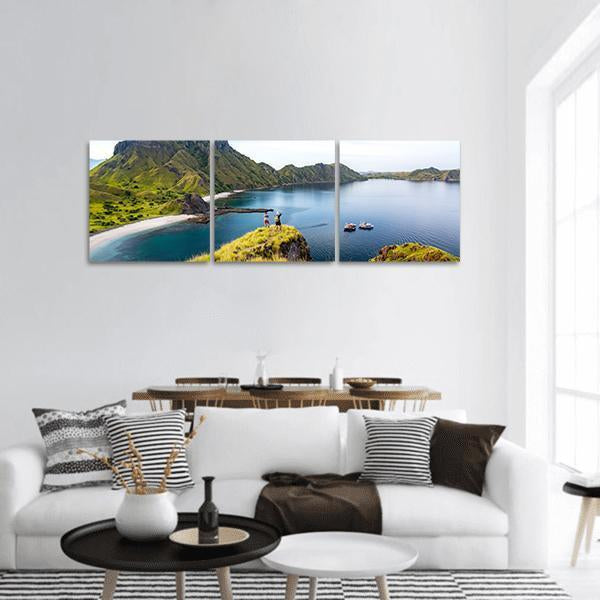 Hikers On Cliff Mountain Panoramic Canvas Wall Art-1 Piece-36" x 12"-Tiaracle