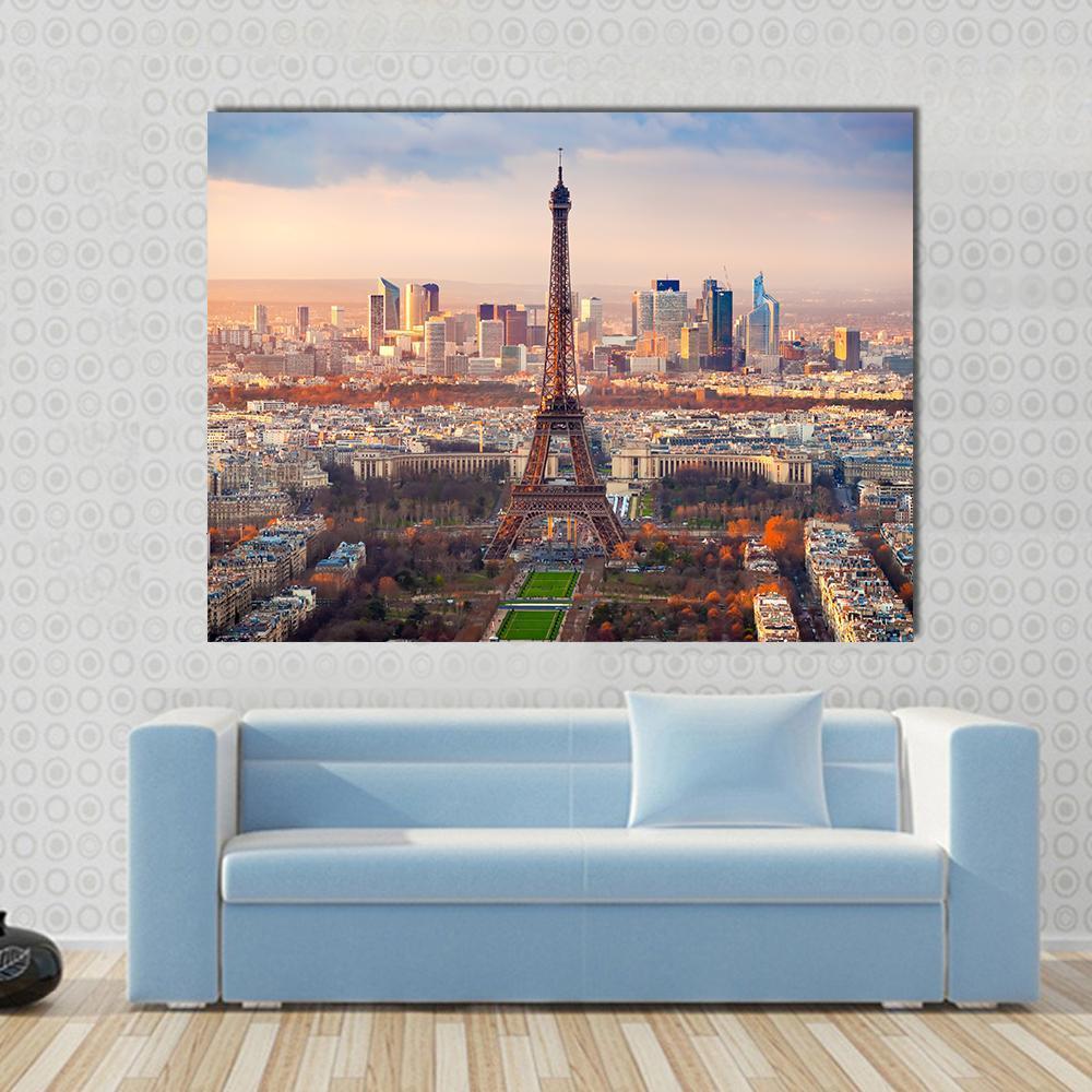 View Of Paris And Eiffel Tower At Sunset France Canvas Wall Art-1 Piece-Gallery Wrap-48" x 32"-Tiaracle