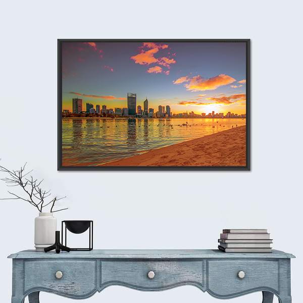 View Of Perth Skyline From Swan River Canvas Wall Art-1 Piece-Floating Frame-24" x 16"-Tiaracle