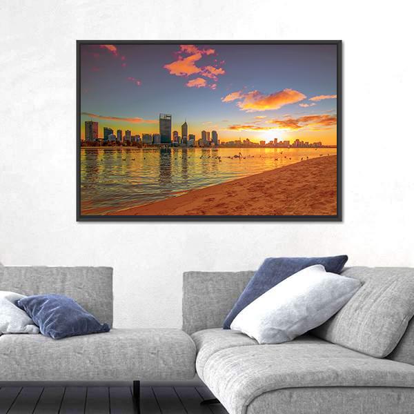 View Of Perth Skyline From Swan River Canvas Wall Art-3 Horizontal-Gallery Wrap-25" x 16"-Tiaracle