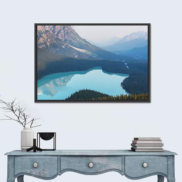 View Of Peyto Lake In Misty Morning Canvas Wall Art-1 Piece-Floating Frame-24" x 16"-Tiaracle