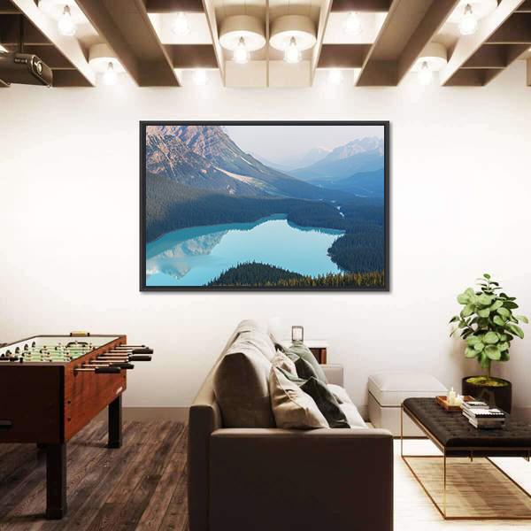 View Of Peyto Lake In Misty Morning Canvas Wall Art-3 Horizontal-Gallery Wrap-25" x 16"-Tiaracle