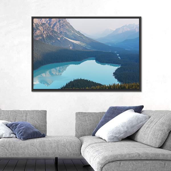 View Of Peyto Lake In Misty Morning Canvas Wall Art-3 Horizontal-Gallery Wrap-25" x 16"-Tiaracle