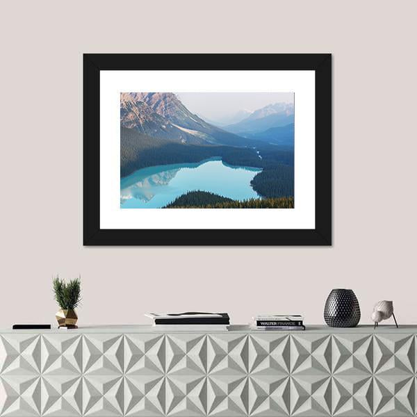 View Of Peyto Lake In Misty Morning Canvas Wall Art-1 Piece-Framed Print-20" x 16"-Tiaracle