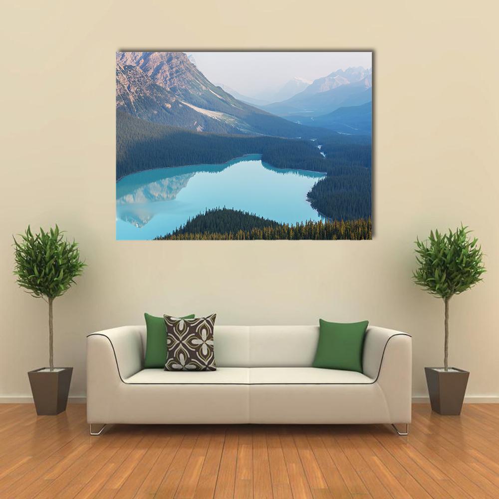 Misty Morning at Peyto Lake Canvas Wall Art in gray, green and blue, single panel hung on a wall