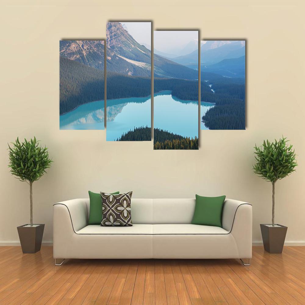 View Of Peyto Lake In Misty Morning Canvas Wall Art-4 Pop-Gallery Wrap-50" x 32"-Tiaracle
