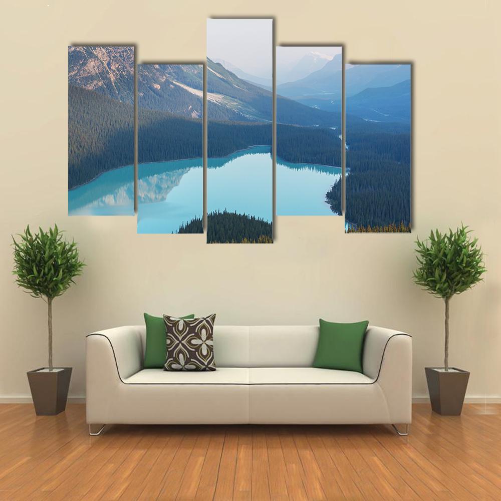 View Of Peyto Lake In Misty Morning Canvas Wall Art-5 Pop-Gallery Wrap-47" x 32"-Tiaracle