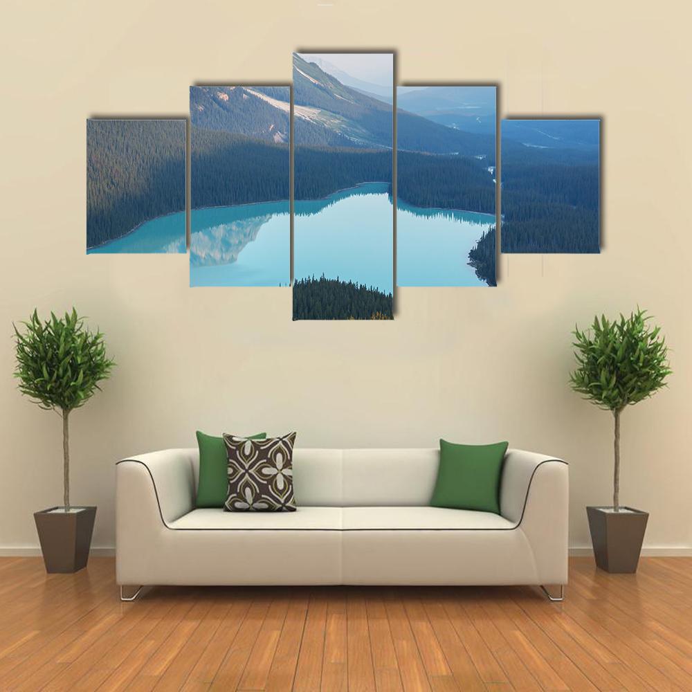 View Of Peyto Lake In Misty Morning Canvas Wall Art-4 Pop-Gallery Wrap-50" x 32"-Tiaracle