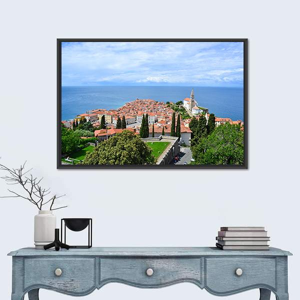View Of Piran Town In Slovenia Canvas Wall Art-1 Piece-Floating Frame-24" x 16"-Tiaracle