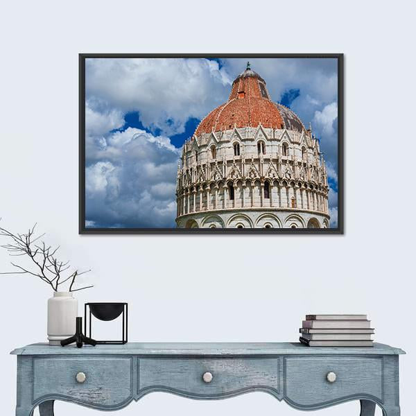 View Of Pisa Baptistry Gothic Medieval Dome Among Clouds Canvas Wall Art-1 Piece-Floating Frame-24" x 16"-Tiaracle