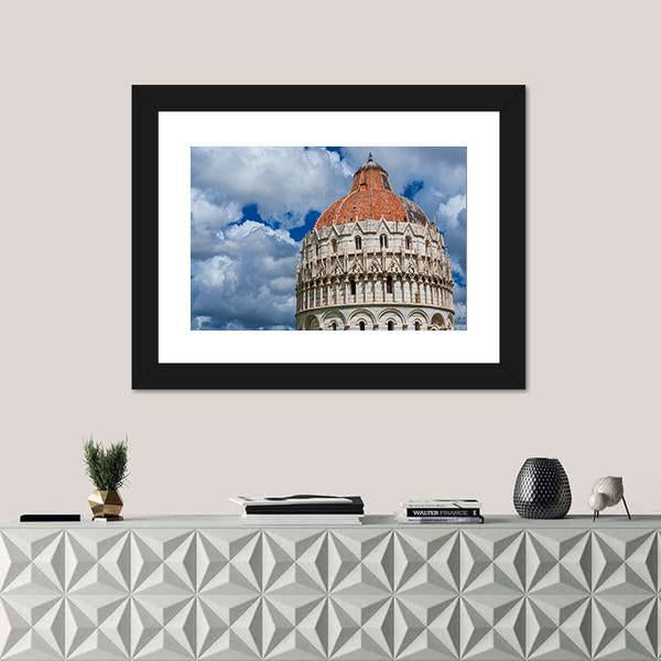 View Of Pisa Baptistry Gothic Medieval Dome Among Clouds Canvas Wall Art-1 Piece-Framed Print-20" x 16"-Tiaracle
