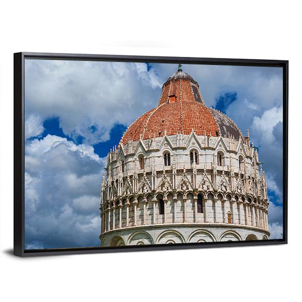 View Of Pisa Baptistry Gothic Medieval Dome Among Clouds Canvas Wall Art-3 Horizontal-Gallery Wrap-25" x 16"-Tiaracle