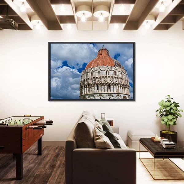View Of Pisa Baptistry Gothic Medieval Dome Among Clouds Canvas Wall Art-3 Horizontal-Gallery Wrap-25" x 16"-Tiaracle