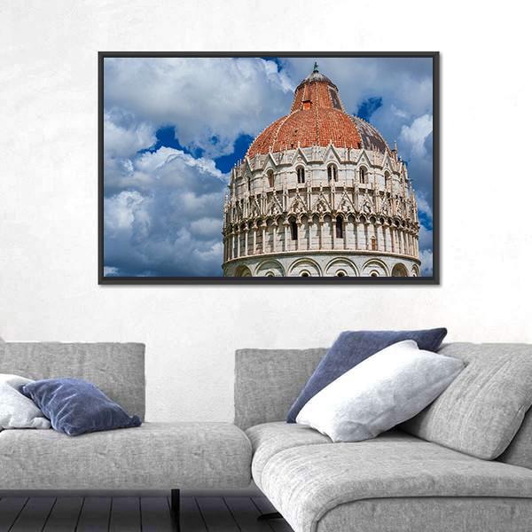 View Of Pisa Baptistry Gothic Medieval Dome Among Clouds Canvas Wall Art-3 Horizontal-Gallery Wrap-25" x 16"-Tiaracle