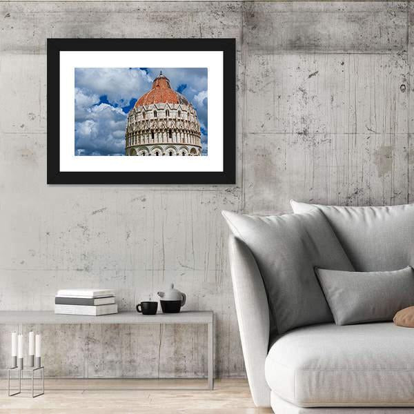 View Of Pisa Baptistry Gothic Medieval Dome Among Clouds Canvas Wall Art-3 Horizontal-Gallery Wrap-25" x 16"-Tiaracle