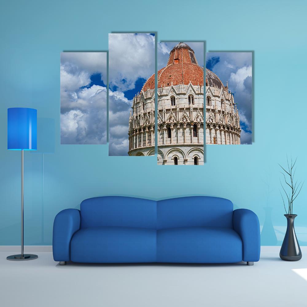 View Of Pisa Baptistry Gothic Medieval Dome Among Clouds Canvas Wall Art-4 Pop-Gallery Wrap-50" x 32"-Tiaracle
