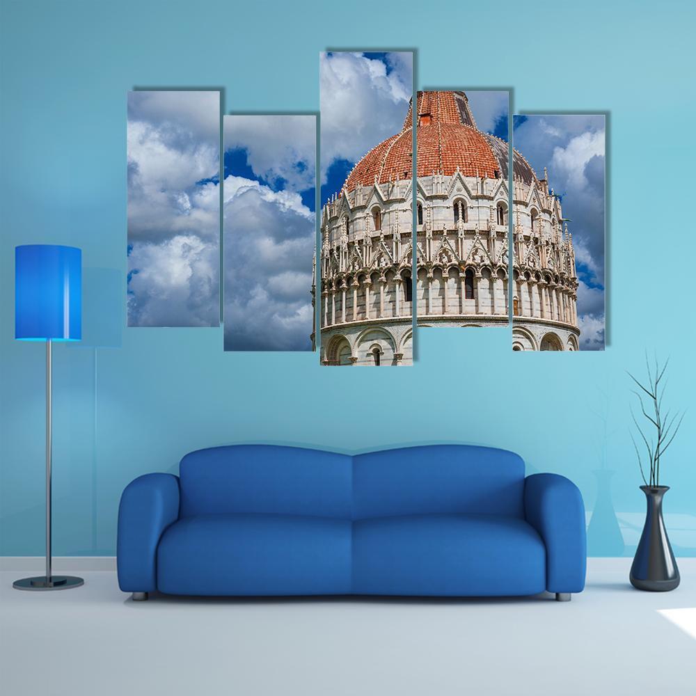 View Of Pisa Baptistry Gothic Medieval Dome Among Clouds Canvas Wall Art-5 Pop-Gallery Wrap-47" x 32"-Tiaracle