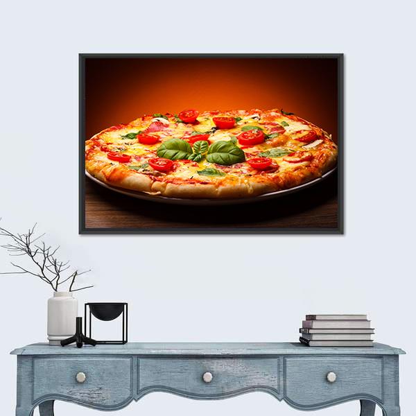 Top-down Pizza with Cherry Tomatoes Canvas Wall Art in brown, red and orange, framed canvas, product view on a white background