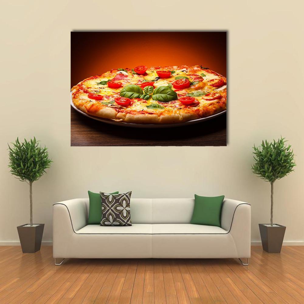 Top-down Pizza with Cherry Tomatoes Canvas Wall Art in brown, red and orange, single panel hung on a wall