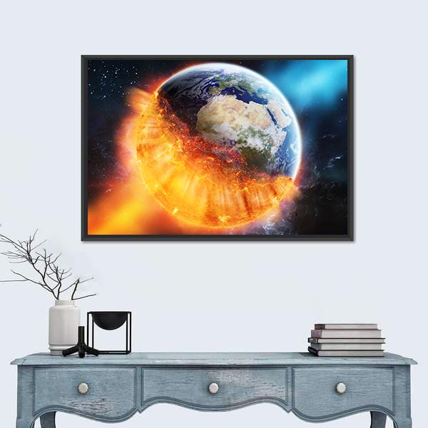View Of Planet Earth Burning In Space Canvas Wall Art-1 Piece-Floating Frame-24" x 16"-Tiaracle
