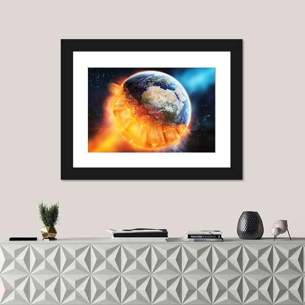 View Of Planet Earth Burning In Space Canvas Wall Art-1 Piece-Framed Print-20" x 16"-Tiaracle