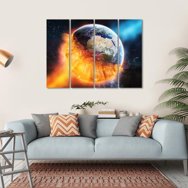 View Of Planet Earth Burning In Space Canvas Wall Art-4 Horizontal-Gallery Wrap-34" x 24"-Tiaracle