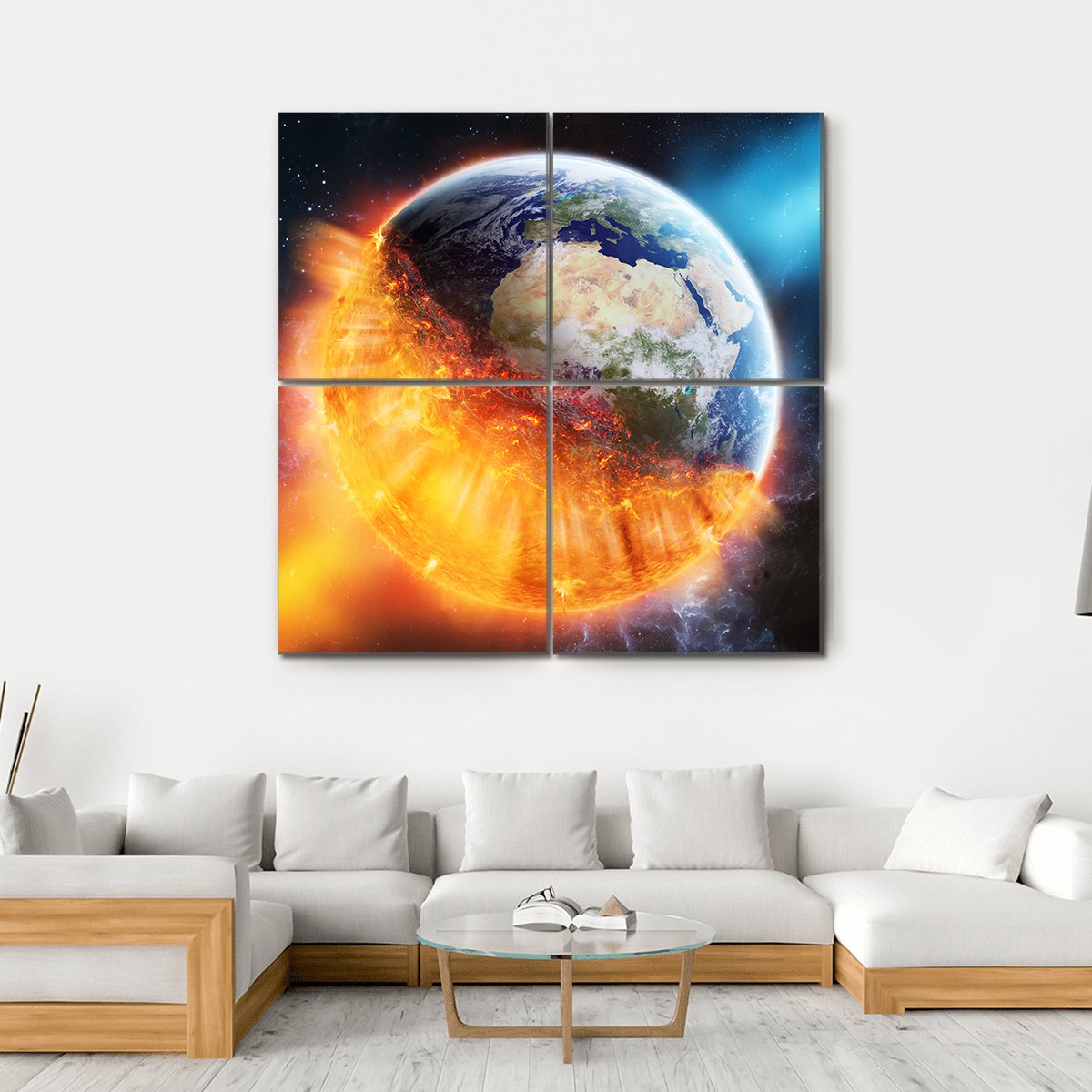 View Of Planet Earth Burning In Space Canvas Wall Art-4 Square-Gallery Wrap-17" x 17"-Tiaracle