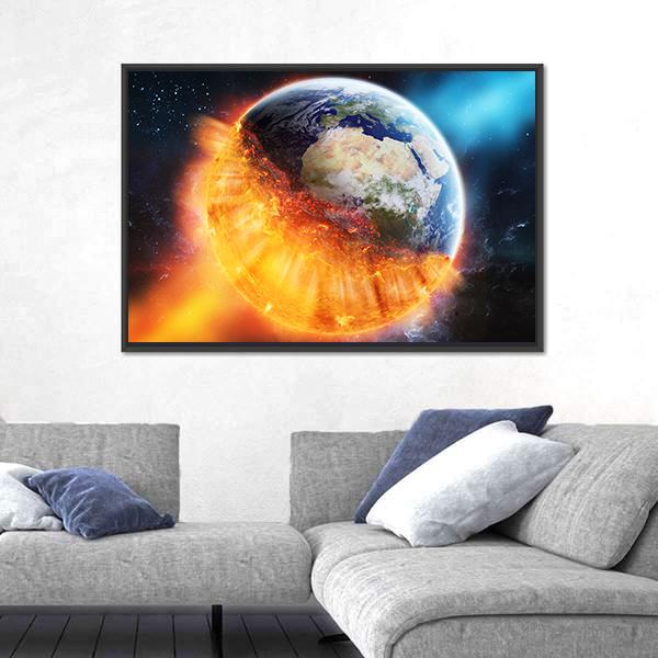 View Of Planet Earth Burning In Space Canvas Wall Art-3 Horizontal-Gallery Wrap-25" x 16"-Tiaracle