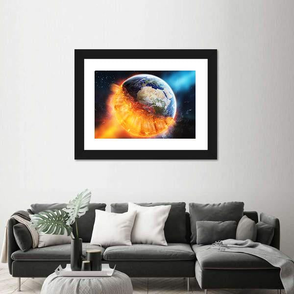 View Of Planet Earth Burning In Space Canvas Wall Art-3 Horizontal-Gallery Wrap-25" x 16"-Tiaracle