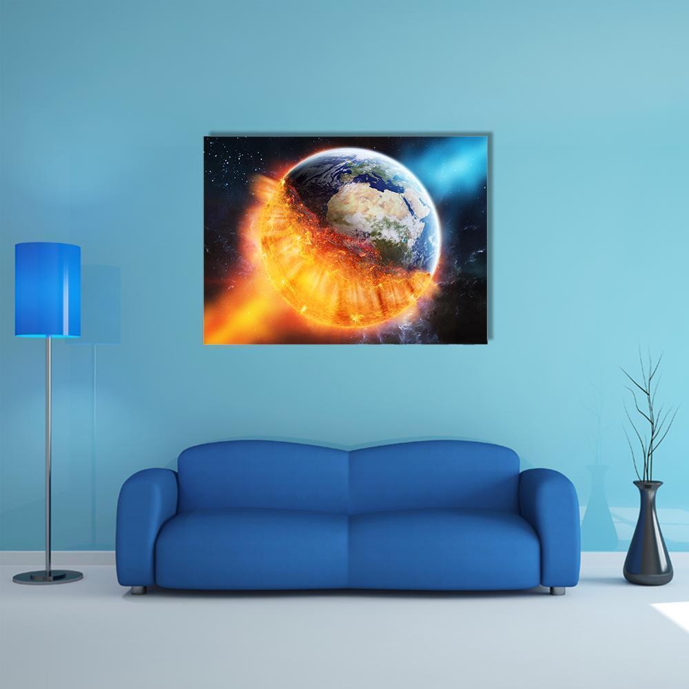 Planet Earth Burning in Space Canvas Wall Art in black, orange and blue, single panel hung on a wall
